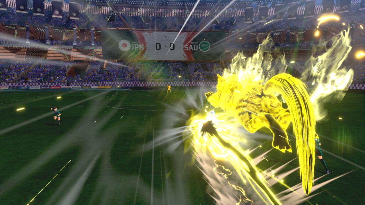 Captain Tsubasa 2: World Fighters screenshot of a Japan versus Saudi Arabia stadium match with a flaming super shot